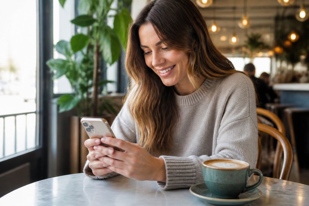 A smiling woman in her thirties scrolling through a boutique's new arrivals page on her smartphone at a bright café table, a latte in a ceramic mug beside her, natural window light illuminating the screen