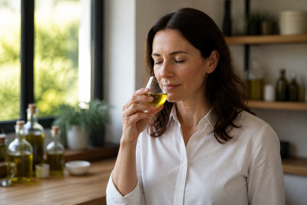 Person holding a small glass of olive oil to their nose, inhaling the aroma with eyes closed in natural kitchen lighting, demonstrating proper sensory assessment