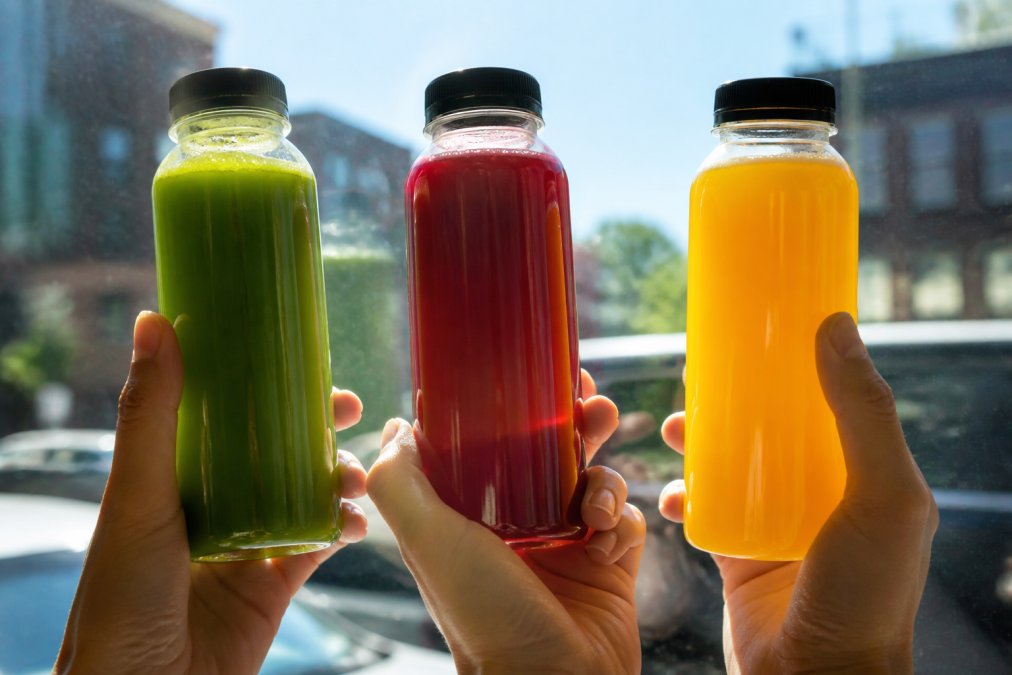 Three fresh pressed juice bottles held up to natural light showing vibrant color gradation, bright green juice, deep red juice, and golden citrus juice, with clear, translucent liquid and minimal separation