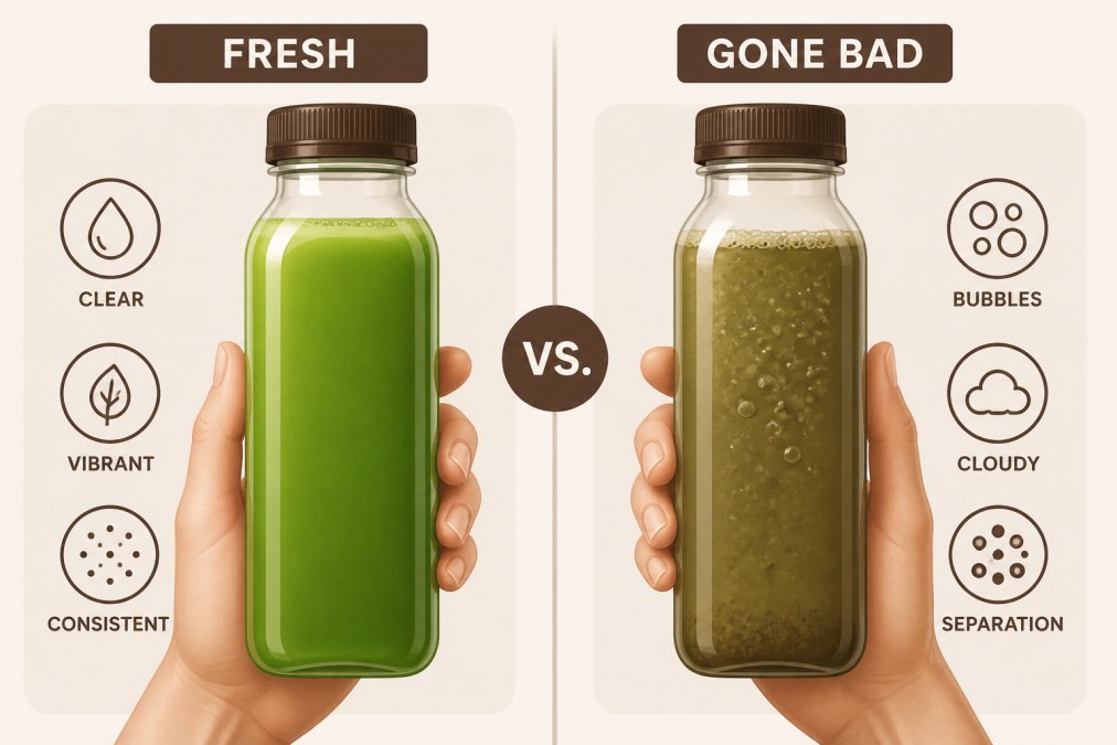 Two juice bottles side by side, one showing clear, vibrant green liquid with minimal separation, the other showing murky, discolored liquid with visible fermentation bubbles and cloudy appearance, held in hands against neutral background