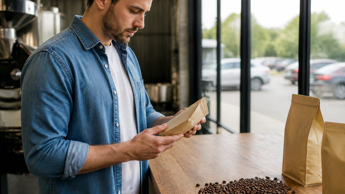 Hands turning a sealed coffee bag to check the roast date stamp with scattered beans on a wooden counter