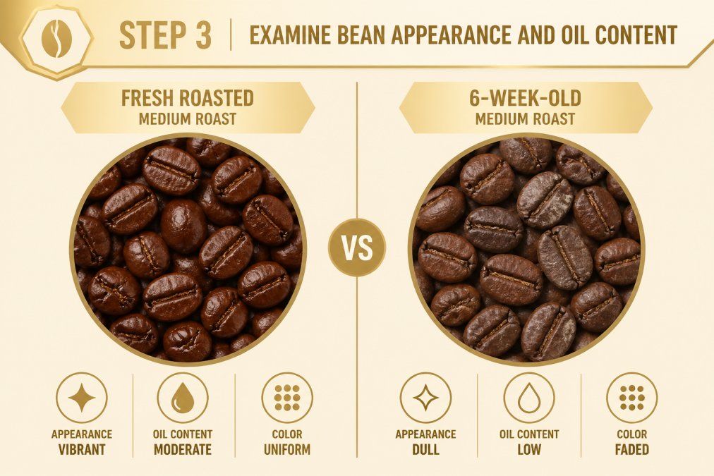 Comparison chart showing visual differences between fresh roasted and six-week-old coffee beans
