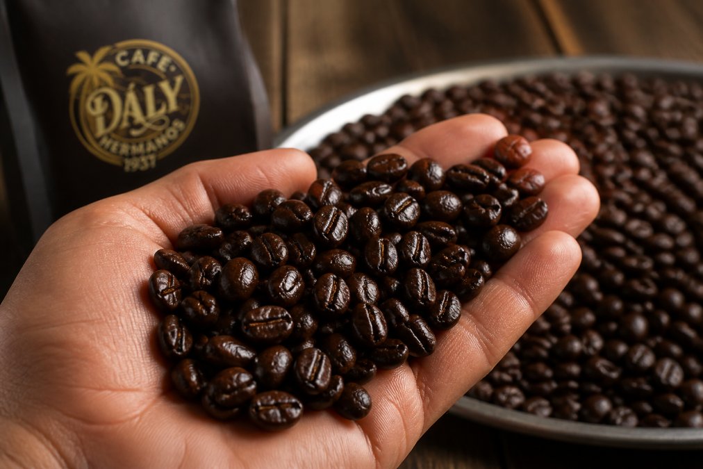 Close-up of freshly roasted coffee beans displaying glossy, oily surface with rich dark brown coloring and visible sheen under natural light, held in an open palm