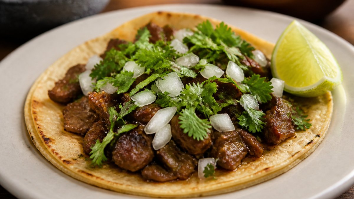 Close-up of a freshly prepared taco with warm corn tortilla, steaming carne asada, and vibrant toppings of cilantro, onion, and lime wedge on a plate with natural lighting