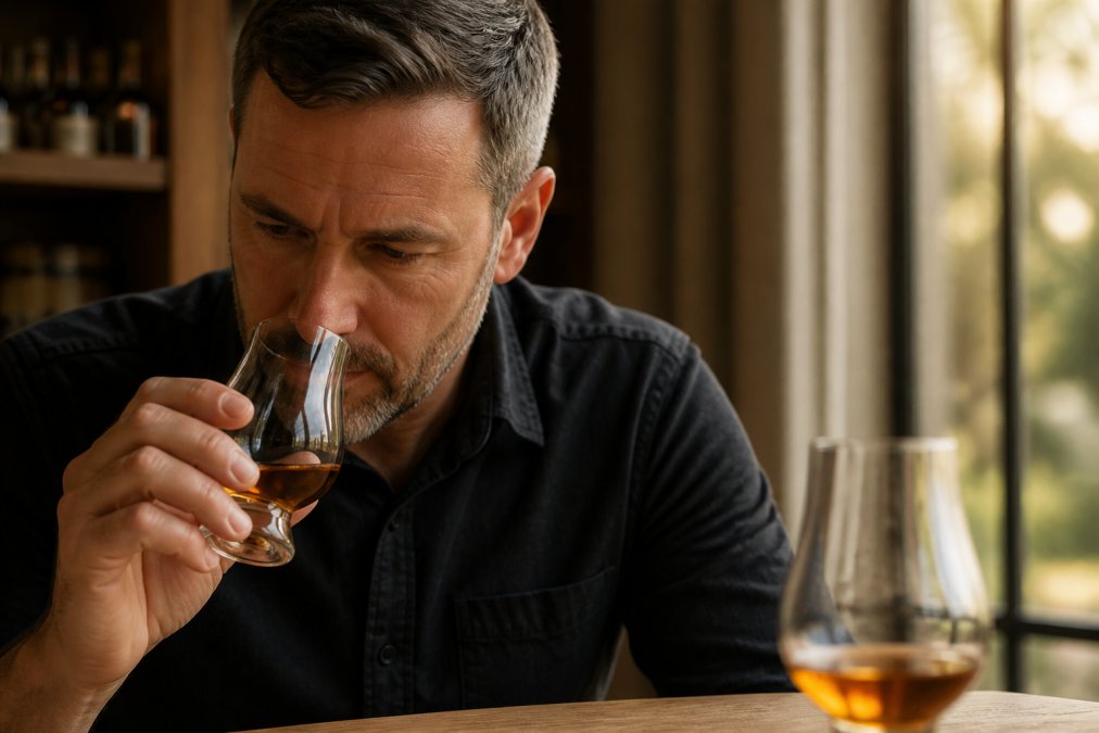 Person nosing a bourbon glass at eye level, examining the amber liquid's color and clarity under warm natural light, with a second glass visible in soft focus