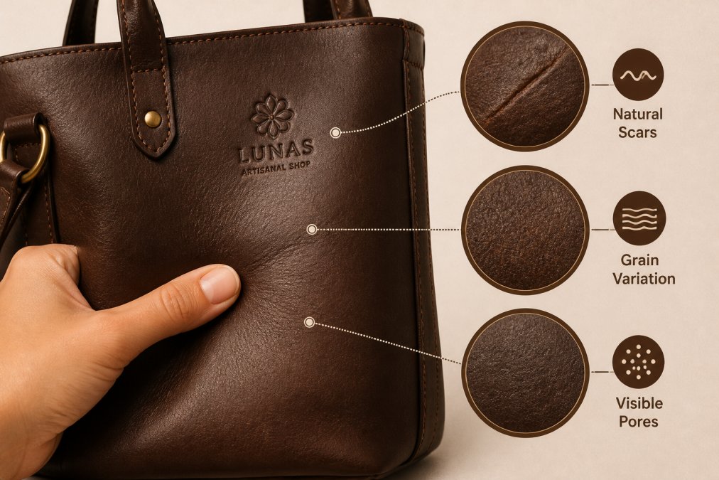 Close-up of a hand gently pressing the surface of a full grain leather bag, showing natural scars, grain variation, and visible pores under warm studio lighting
