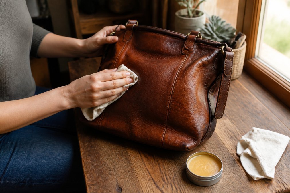 A woman's hands applying leather conditioner to a rich brown full grain leather handbag on a wooden table, with a soft cloth and small tin of conditioner nearby, warm natural light from a nearby window