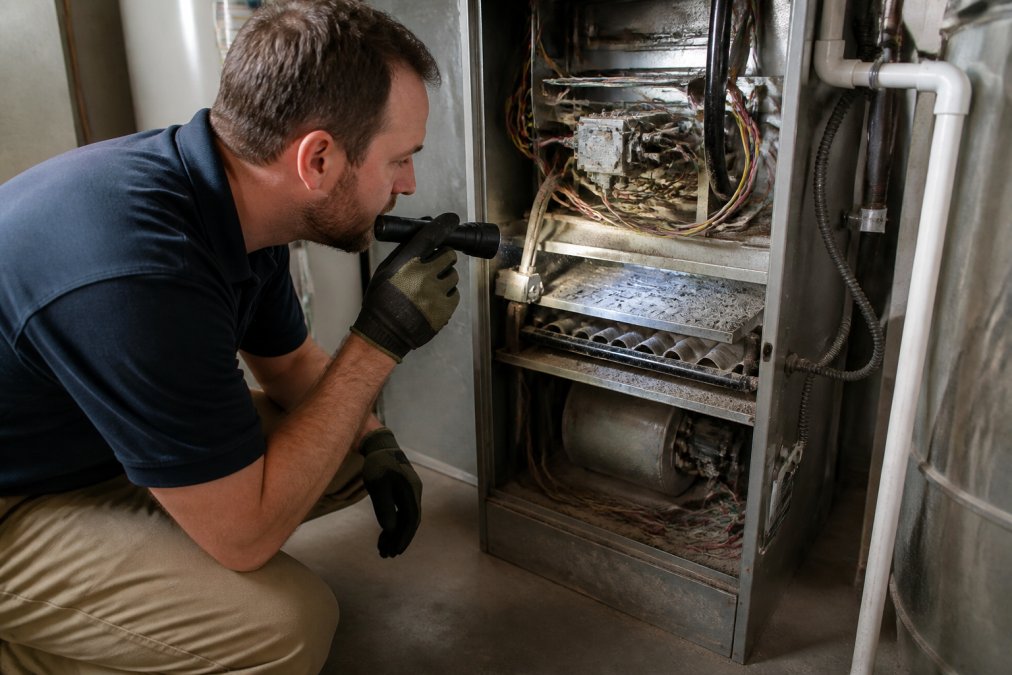Homeowner kneeling beside an open residential furnace cabinet, wearing work gloves and shining a flashlight on dusty internal components