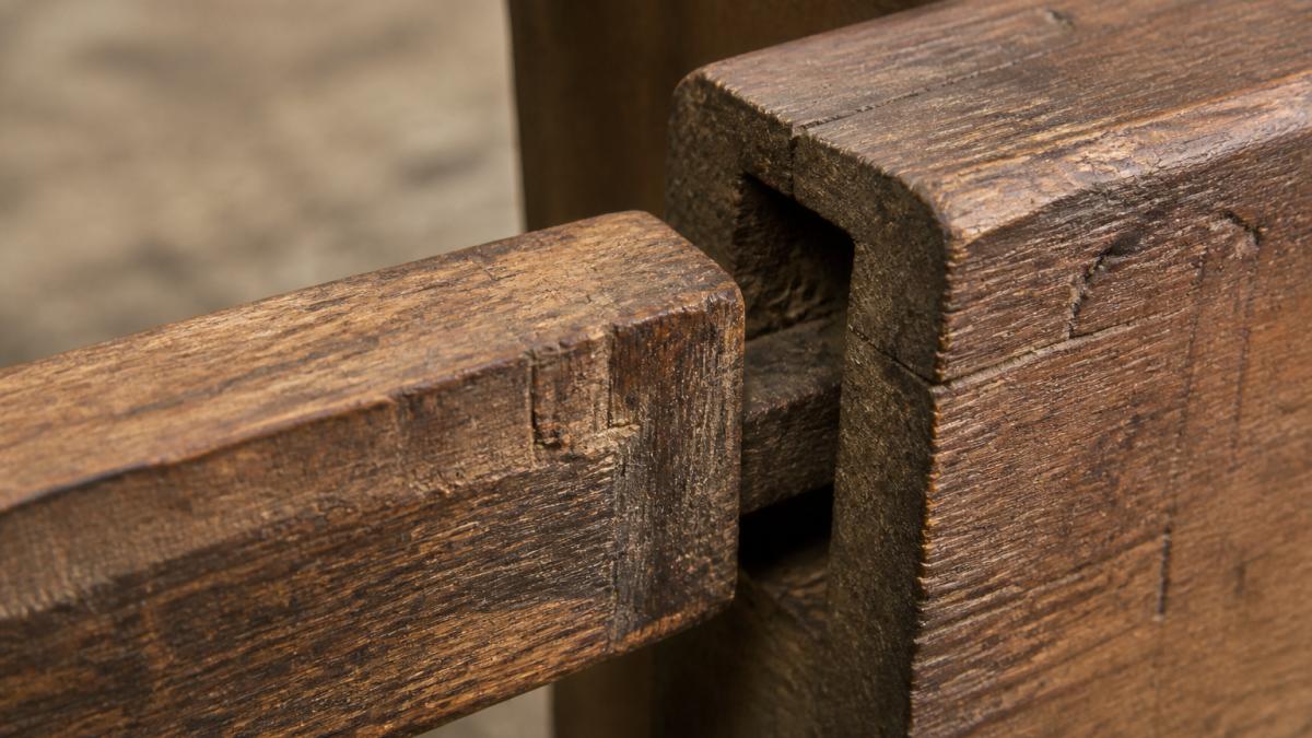Close-up of an antique wooden furniture joint showing hand-cut mortise and tenon construction with visible tool marks, irregular saw marks, and naturally aged wood grain detail in warm studio lighting