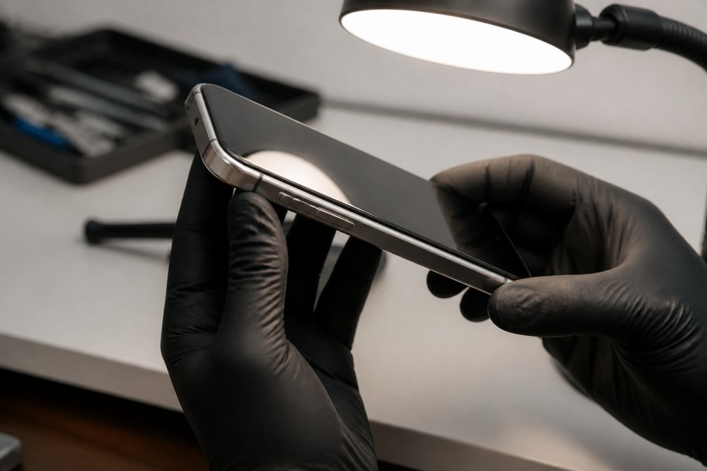 Close-up of a person's hands holding an iPhone, tilting the screen under a bright desk lamp to examine the display edge and housing seam for gaps or unevenness