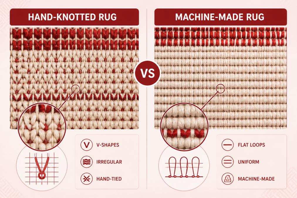 Side-by-side macro comparison: Left side shows a genuine hand-knotted rug back with distinct, slightly irregular V-shaped knots. Right side shows a machine-made rug back with uniform, flat, looped tufts.