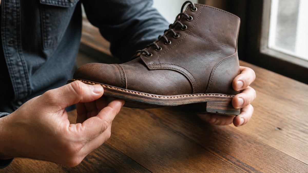 Close-up of a person's hands holding a brown full-grain leather boot, tilting it to inspect the cut edge and stitching under natural window light on a wooden table
