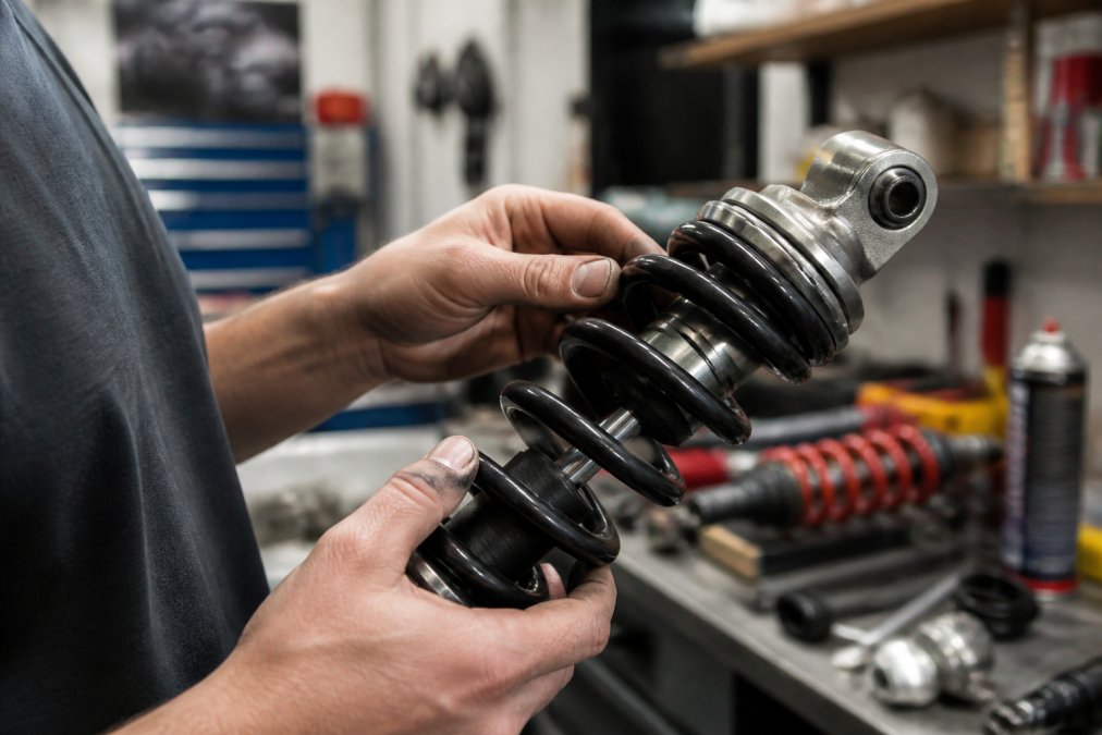 Close-up of a rider's hands holding a new suspension component, inspecting the machined metal surface for smoothness and casting marks in a well-lit garage