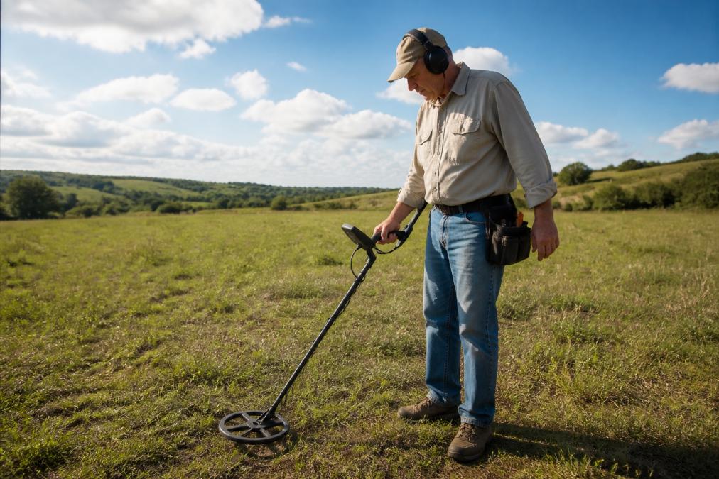 A hobbyist wearing headphones and using a metal detector in an open grassy field on a sunny afternoon, scanning the ground methodically with a small finds pouch clipped to their belt