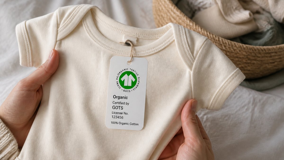 Hands holding a soft organic cotton baby bodysuit with a visible GOTS certification tag in natural light.
