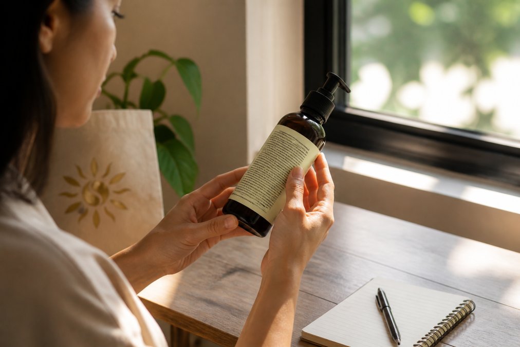 Infographic guide on reading ingredient labels to avoid greenwashing in beauty while checking skincare bottles.