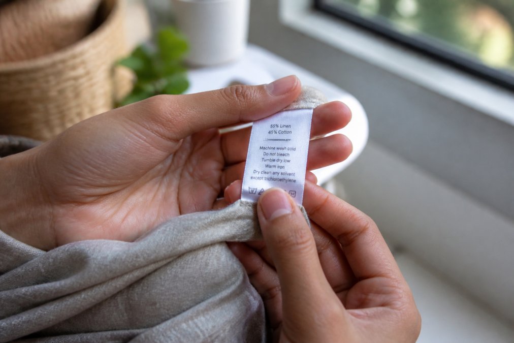 Close-up of a consumer's hands examining a clothing label and fabric tag showing content percentages and care instructions, natural window lighting