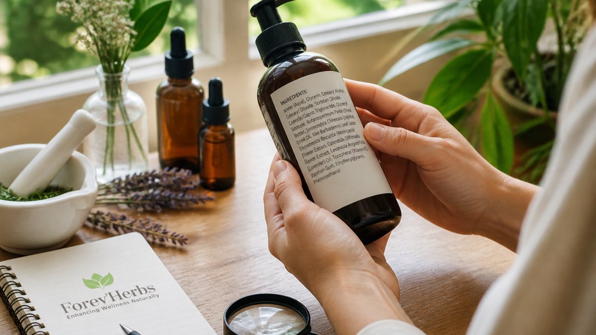 Close-up of hands holding a skincare bottle with ingredient label visible, magnifying glass on light wooden surface, natural window lighting