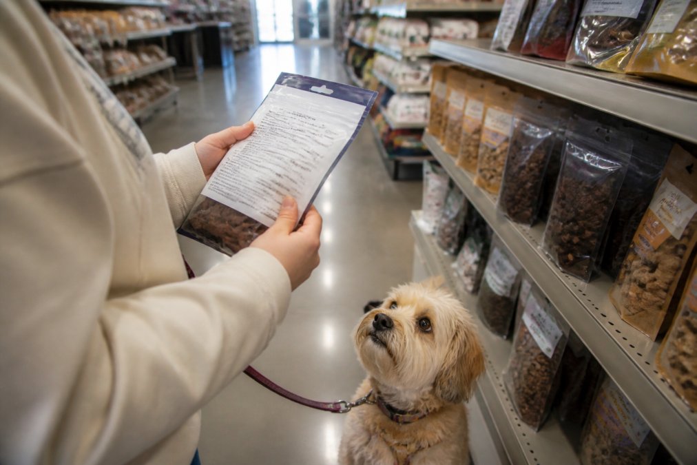 Person in a pet store reading a label to check for a harmful dog treat while their dog waits on a leash