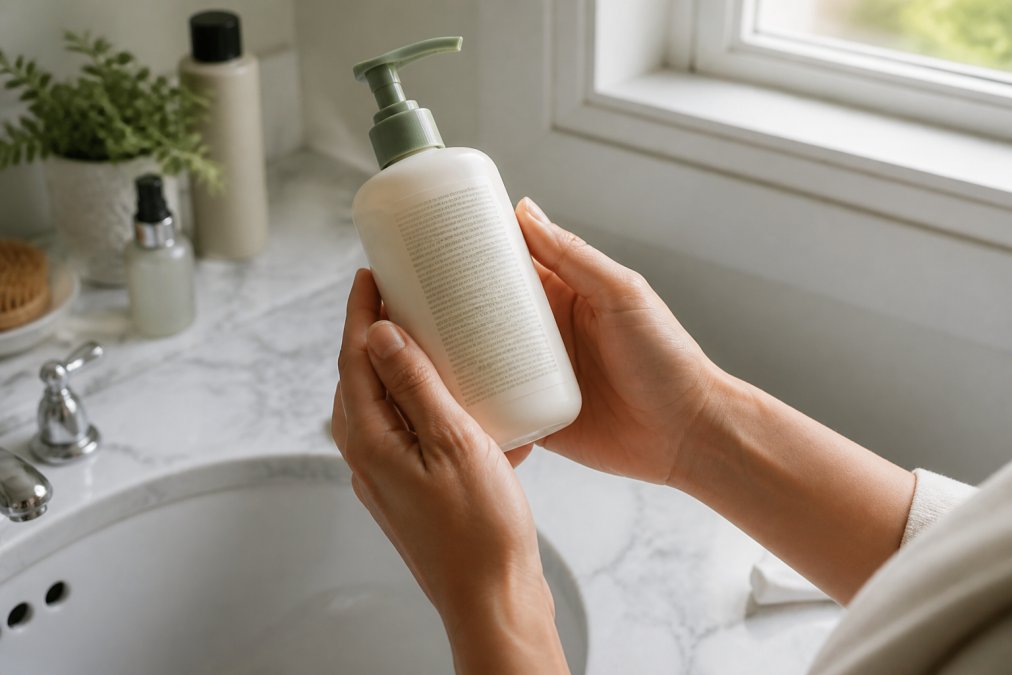 Close-up of a person's hands holding a face wash bottle turned to show the ingredient list, with a bathroom sink and soft natural light in the background