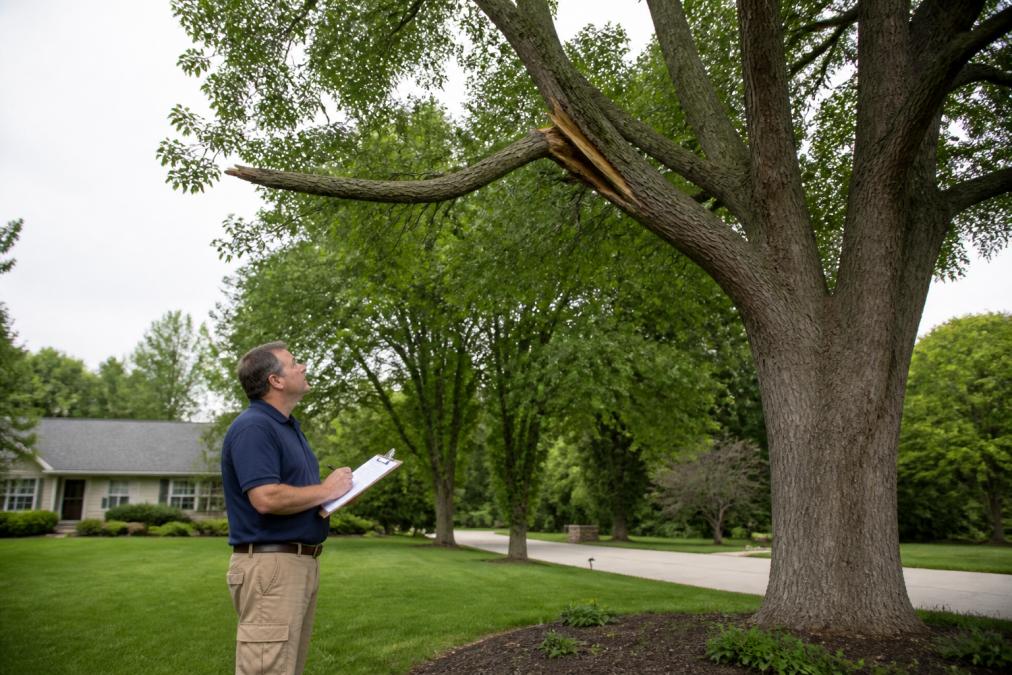 Homeowner inspecting a mature tree for hazardous tree branches with a clipboard in hand