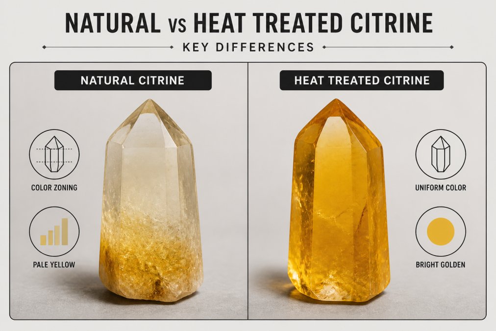 Two citrine crystals positioned side by side on a neutral gray surface, one showing natural pale yellow with color zoning toward the base, the other displaying uniform bright golden-yellow coloring throughout, photographed in natural daylight