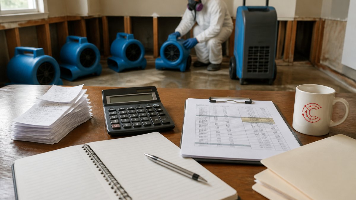 A restoration technician in protective gear checking a row of industrial air movers and a dehumidifier inside a water-damaged room with exposed drywall