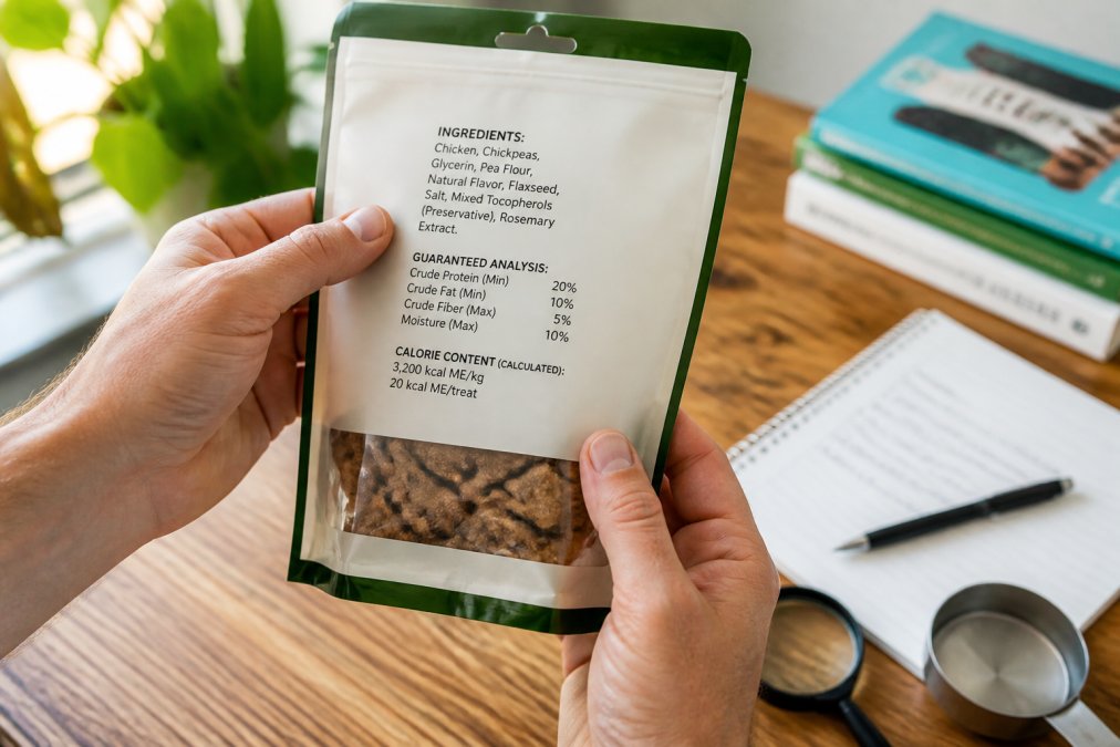 Close-up of a dog treat package label being held in hands, with ingredient list and guaranteed analysis clearly visible under natural lighting