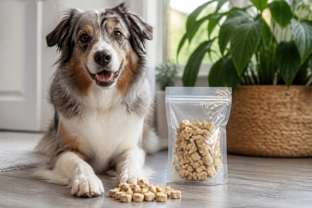 A happy dog or cat enjoying freeze-dried treat pieces, with a treat package visible in the background on a clean surface
