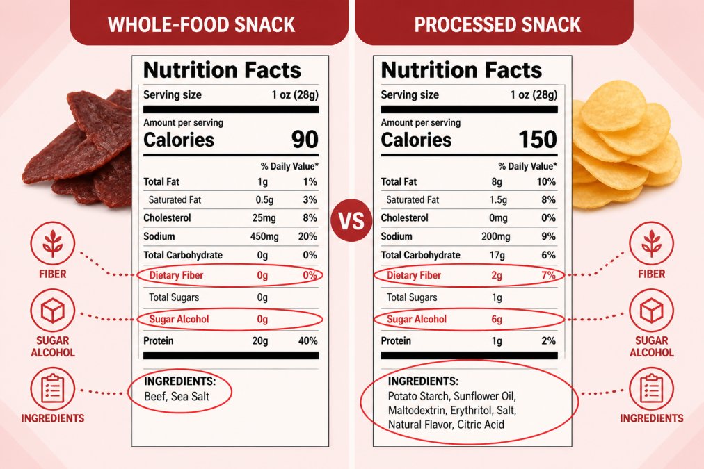 Split-screen comparison of two nutrition labels side-by-side, one from a whole-food snack and one from a processed snack, with red circles highlighting the fiber, sugar alcohol, and ingredient list sections