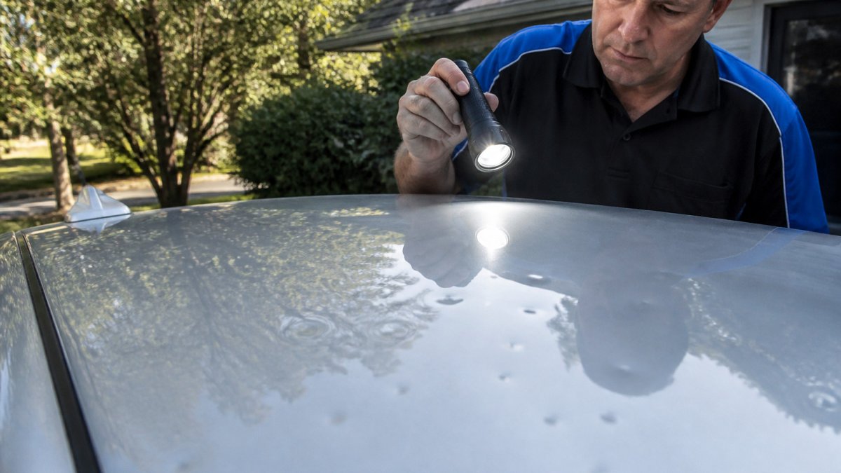 Diagram showing how to use a flashlight at a low angle to spot car hail damage on a vehicle roof