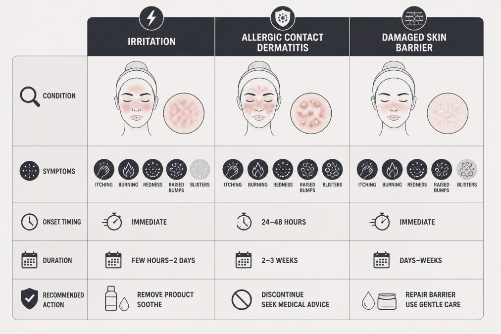 Comparison matrix showing irritation vs. allergic contact dermatitis vs. damaged skin barrier with symptoms (itching, burning, redness, raised bumps, blisters), onset timing (immediate vs. 24-48 hours), duration, and recommended action