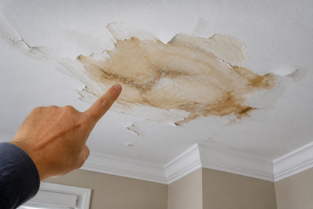 A hand points to a brown water stain on a ceiling with peeling paint, a common sign of hidden moisture damage.