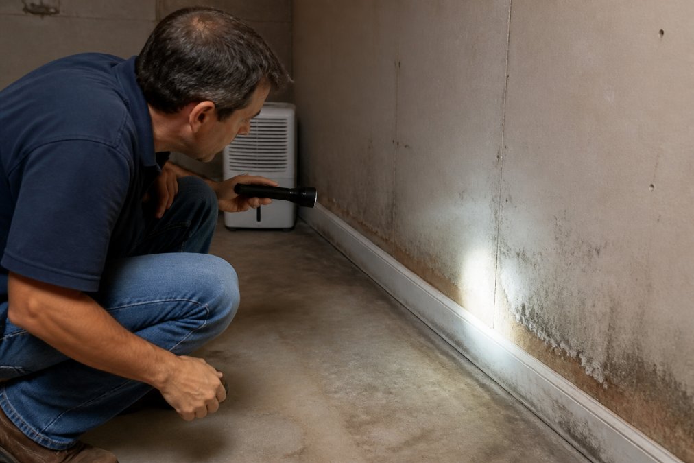A homeowner using a flashlight to inspect a dark corner of a basement, pointing the light at discolored drywall near the floorboard, with a dehumidifier visible in the background