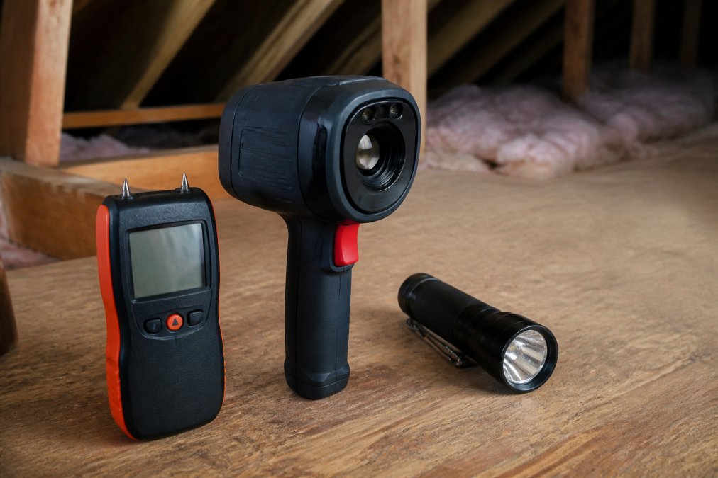 Close-up of moisture meter, thermal imaging camera, and flashlight inspection tools arranged on a wooden work surface with attic framing visible in the background