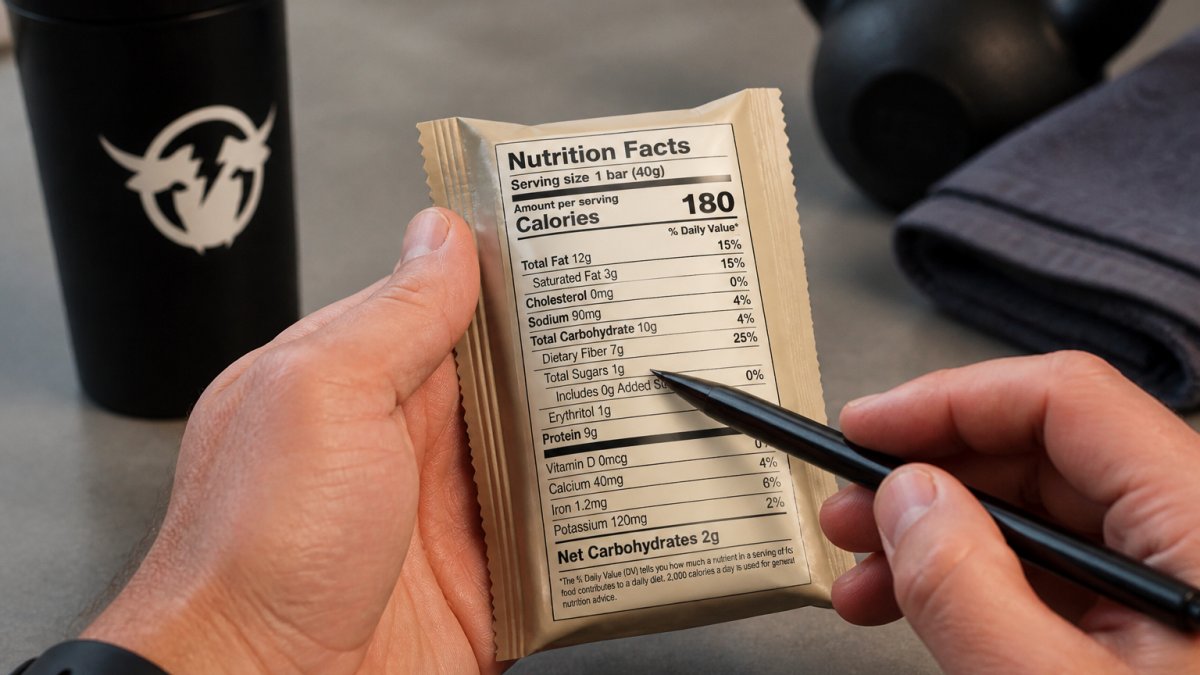 Close-up of hands holding a packaged keto snack bar, pointing to the nutrition facts label with a pen, showing total sugars and net carbohydrates clearly visible on the label
