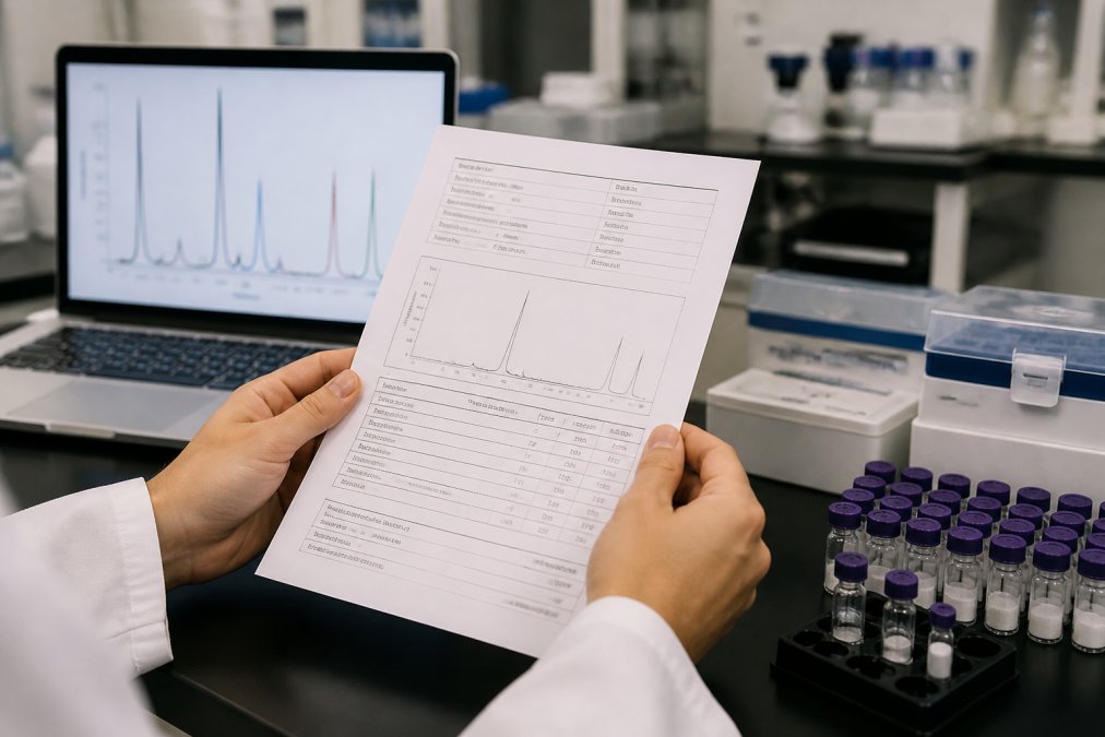 Researcher's hands holding a printed Certificate of Analysis document under bright laboratory lighting, with a laptop displaying chromatogram peaks in the background, and peptide vials visible on the bench