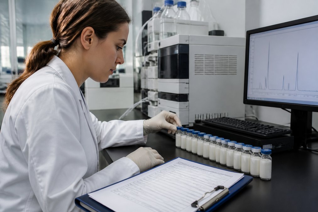 Laboratory technician in white coat examining multiple peptide vials lined up on a testing bench, with HPLC equipment visible in the background, a clipboard with batch documentation, and a computer screen displaying chromatogram data