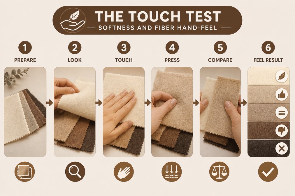 Close-up of hands gently feeling and comparing different alpaca fabric swatches laid flat on a neutral surface, showing the tactile inspection process with soft natural daylight highlighting fiber texture