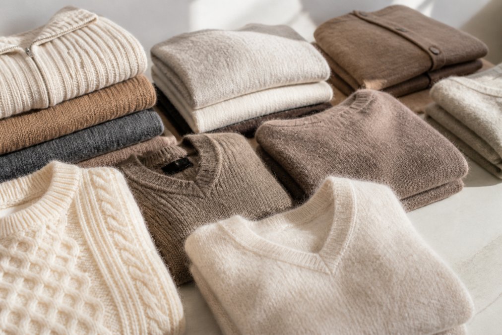 Collection of folded alpaca garments in various natural earth tones and cream colors arranged on a clean surface, photographed in bright natural daylight to show the natural luster and sheen of premium fibers