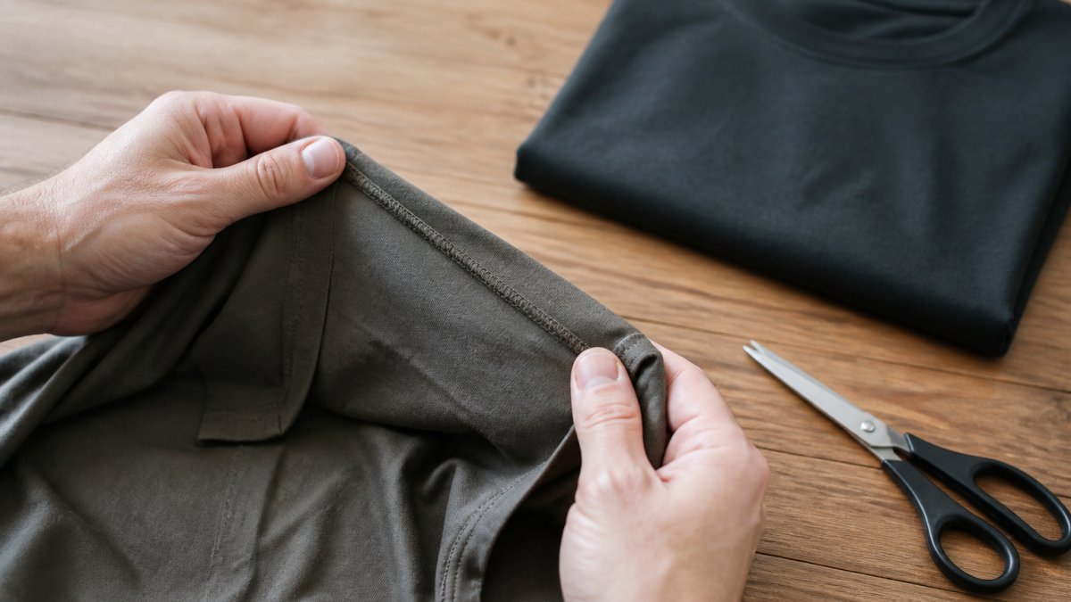 Close-up of hands turning a t-shirt inside out on a wooden table to inspect the shoulder seam, with a second folded tee and a pair of scissors nearby in soft daylight