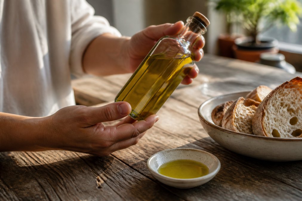 Close-up of hands holding a small-batch olive oil bottle to the light, with a bowl of artisan bread and dipping oil on a rustic wooden table