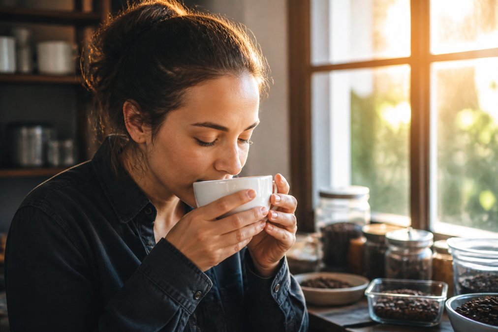Person holding a white ceramic coffee cup near their face with eyes closed, inhaling the aroma from freshly brewed specialty coffee, morning natural light streaming through a window, warm and peaceful setting