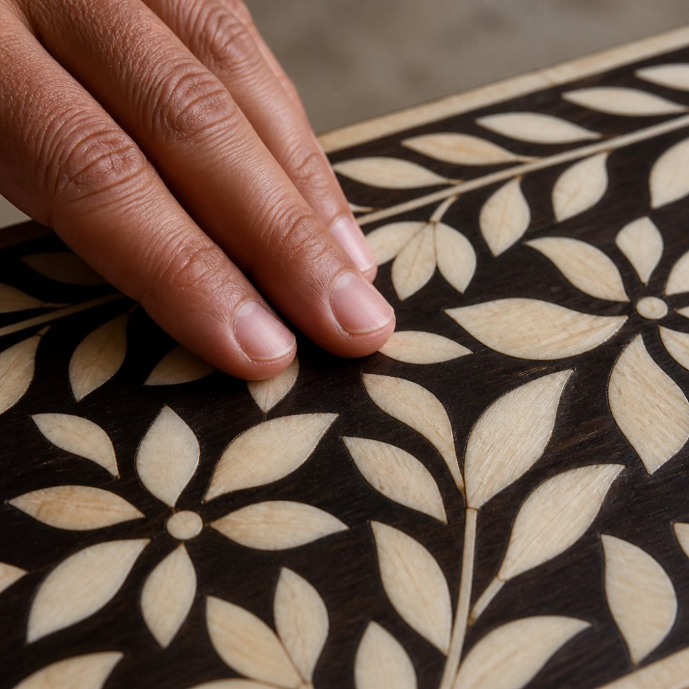 Close-up of a hand running fingers across bone inlay surface showing hand-carved texture variations, natural grain patterns, and depth irregularities in cream-coloured bone against dark wood