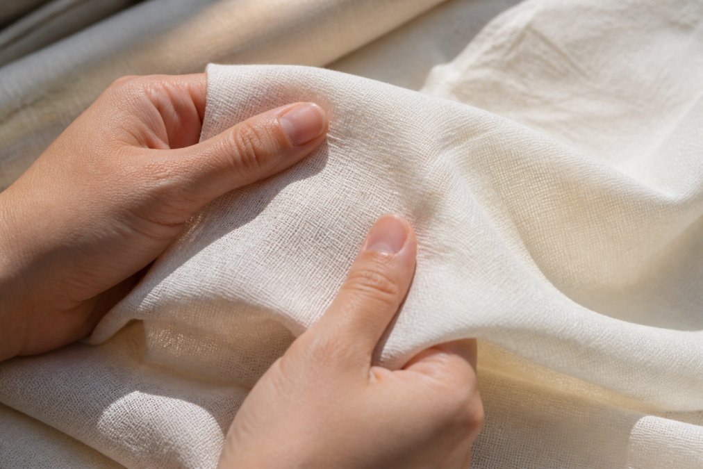 Close-up of hands gently touching and examining light cotton fabric, showing texture and weave detail against natural daylight