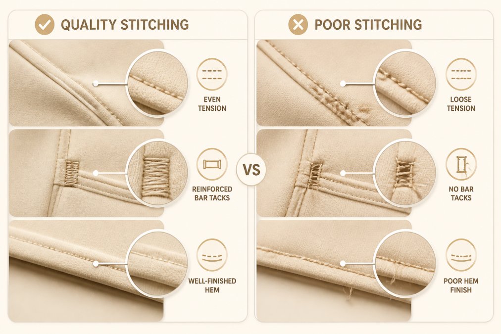 Detailed close-up of garment seams showing even thread tension and consistent stitch spacing, with reinforced bar tacks visible at stress points and well-finished hem stitching, contrasted with area showing loose or uneven stitching