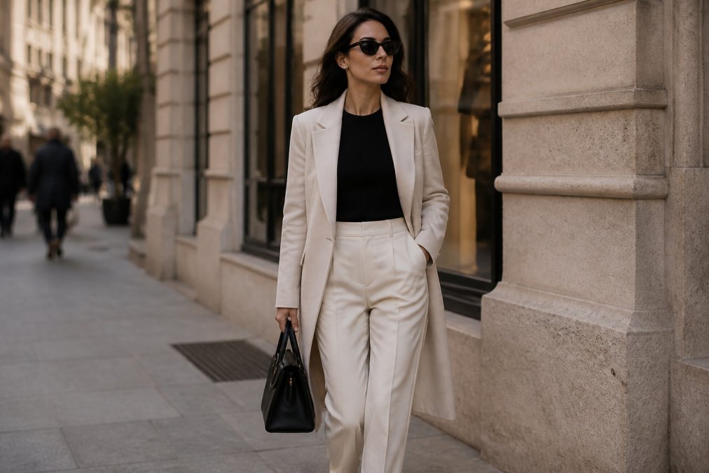 Confident woman wearing expertly tailored, high-quality streetstyle pieces that showcase refined fit and sophisticated construction in modern urban setting with natural daylight