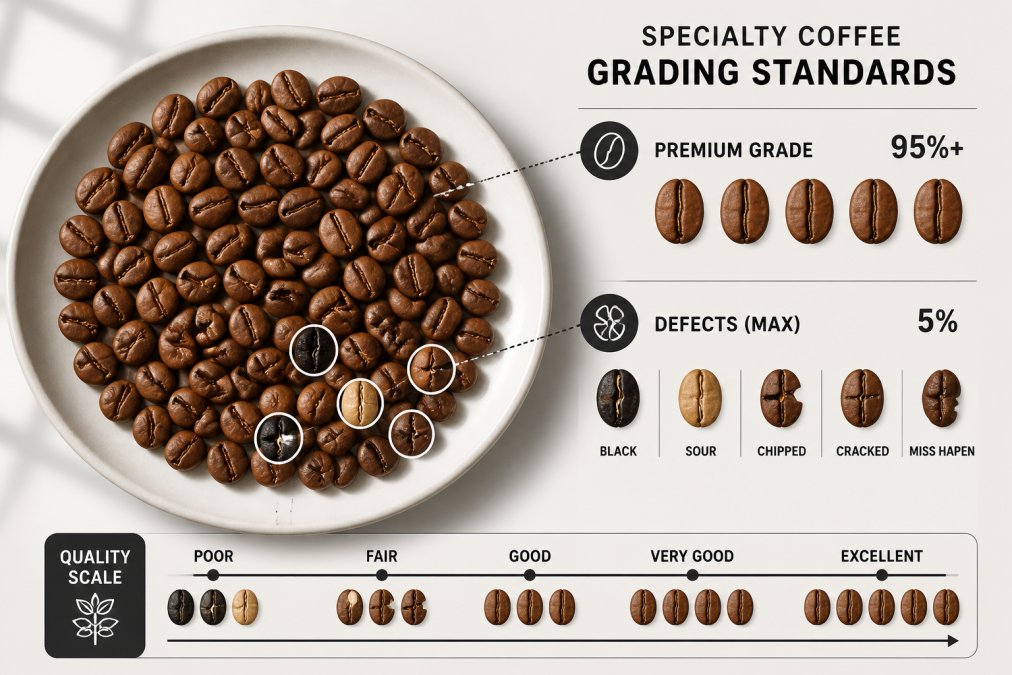 Close-up of a handful of freshly roasted coffee beans spread on a white ceramic surface, showing uniform medium-brown color with a few visibly damaged beans set apart, bright natural window lighting