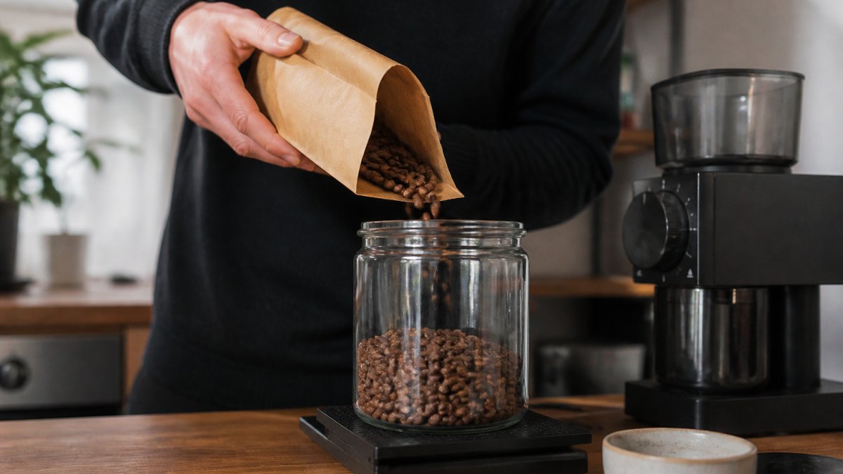 Close-up of hands pouring freshly roasted coffee beans from a paper bag into a glass jar on a wooden kitchen counter, with a small scale and grinder nearby