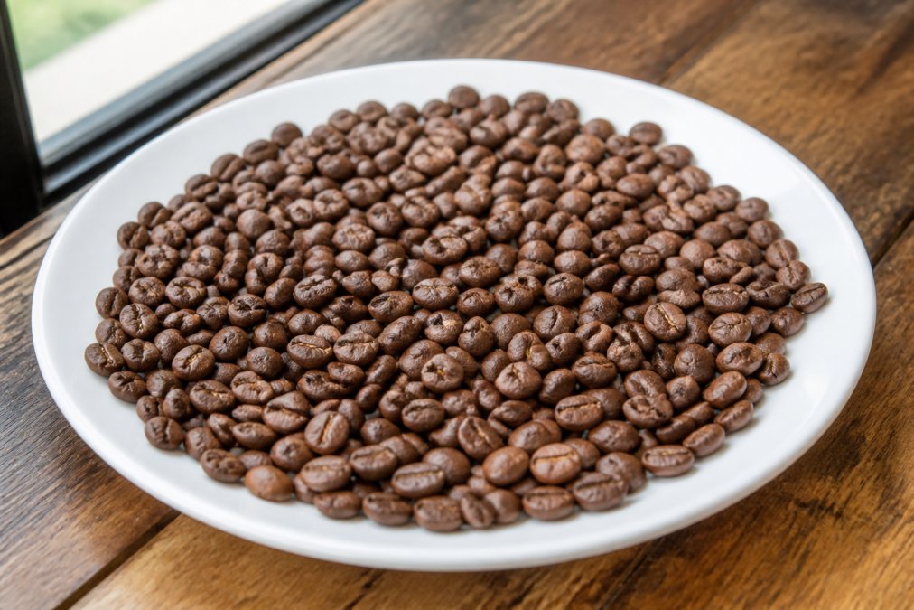 Close-up of high-quality whole coffee beans spread on a white ceramic plate, showing uniform medium-brown color and smooth surfaces with minimal visible defects, natural window light highlighting bean texture and roast consistency